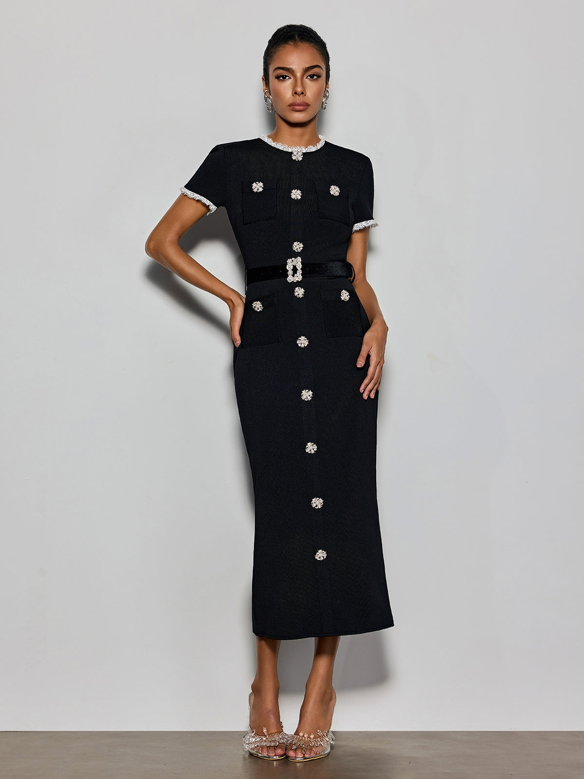 Cyanne Short Sleeve Pearl Knitted Midi Dress