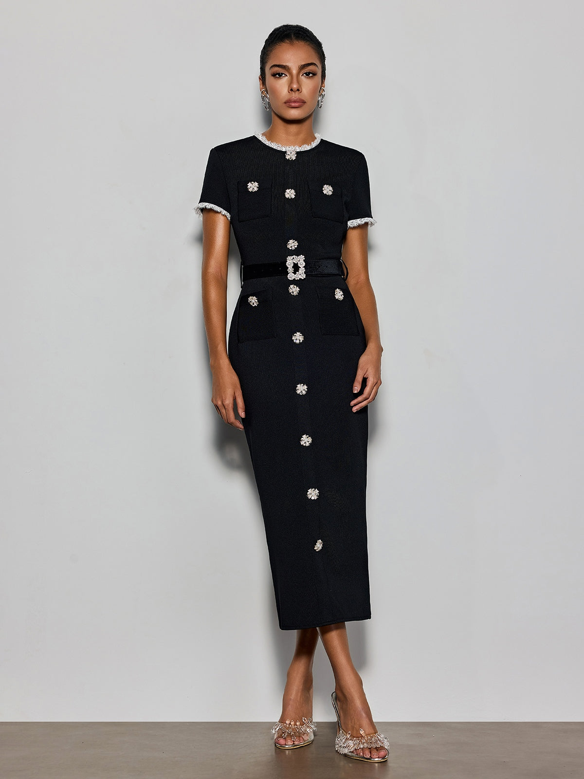 Cyanne Short Sleeve Pearl Knitted Midi Dress