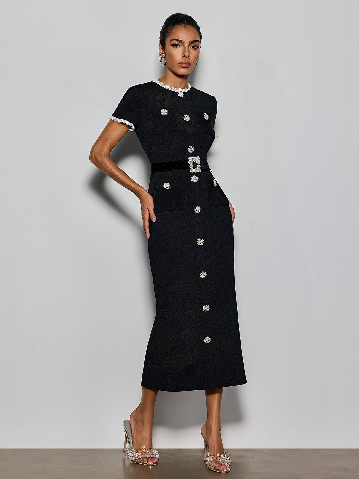 Cyanne Short Sleeve Pearl Knitted Midi Dress