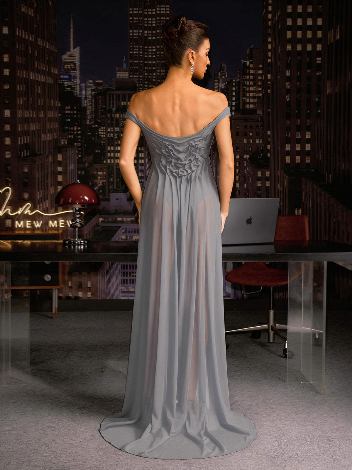 Cylora Off Shoulder Ruched Buckle Maxi Dress In Grey
