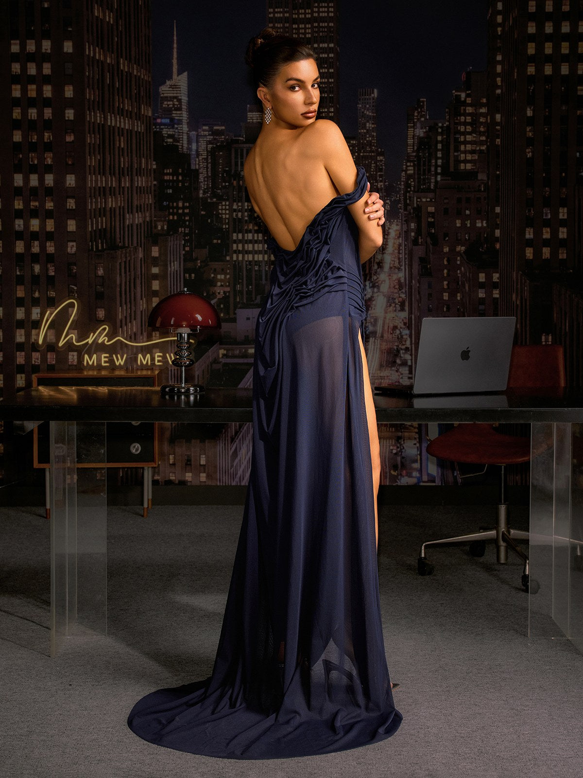 Cylora Off Shoulder Ruched Split Maxi Dress In Navy
