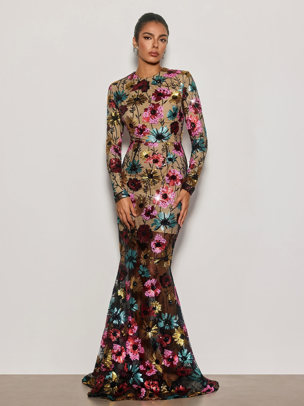 Cyndi Long Sleeve Floral Sequin Maxi Dress