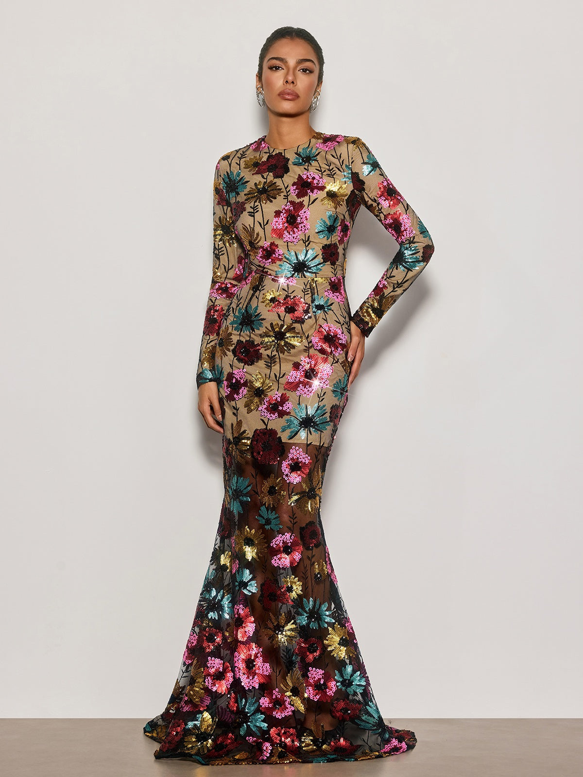 Cyndi Long Sleeve Floral Sequin Maxi Dress