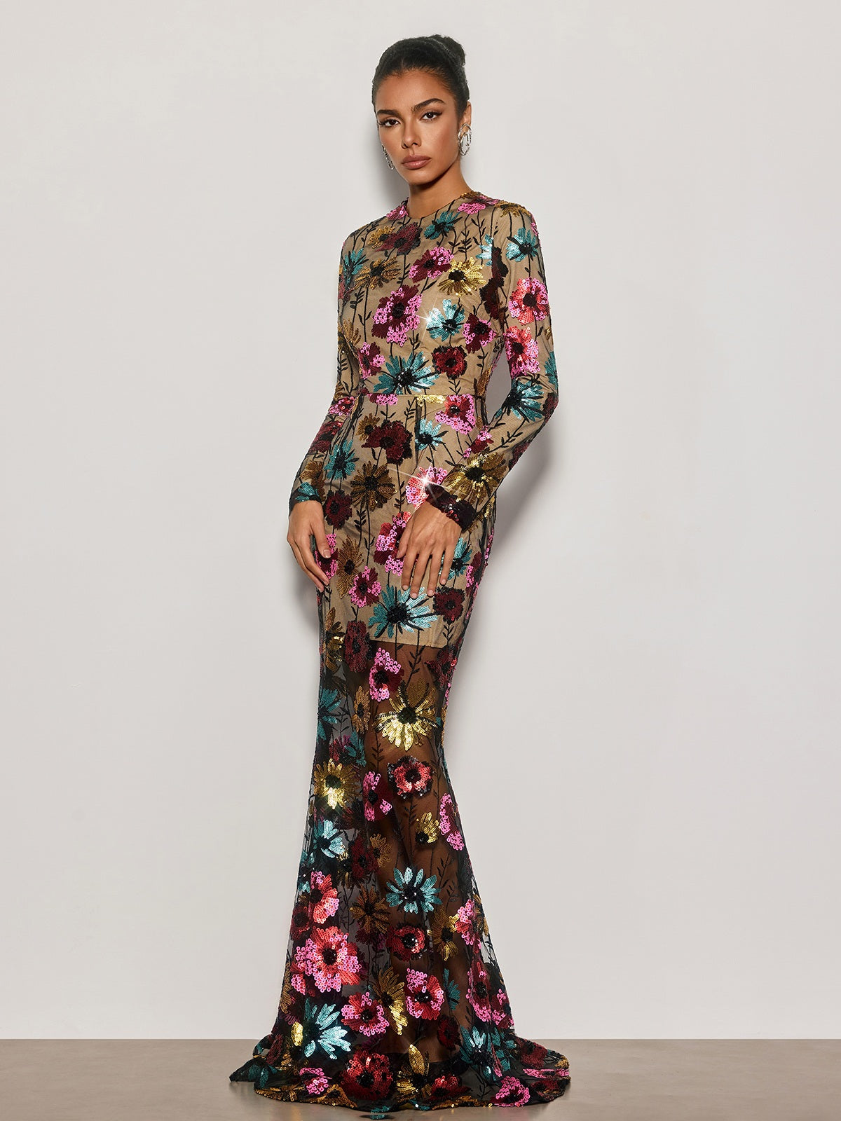 Cyndi Long Sleeve Floral Sequin Maxi Dress