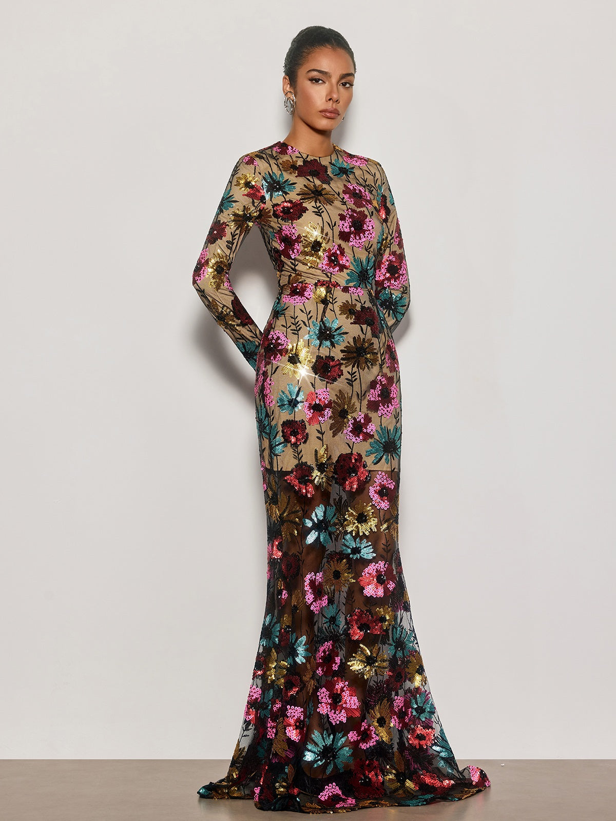 Cyndi Long Sleeve Floral Sequin Maxi Dress