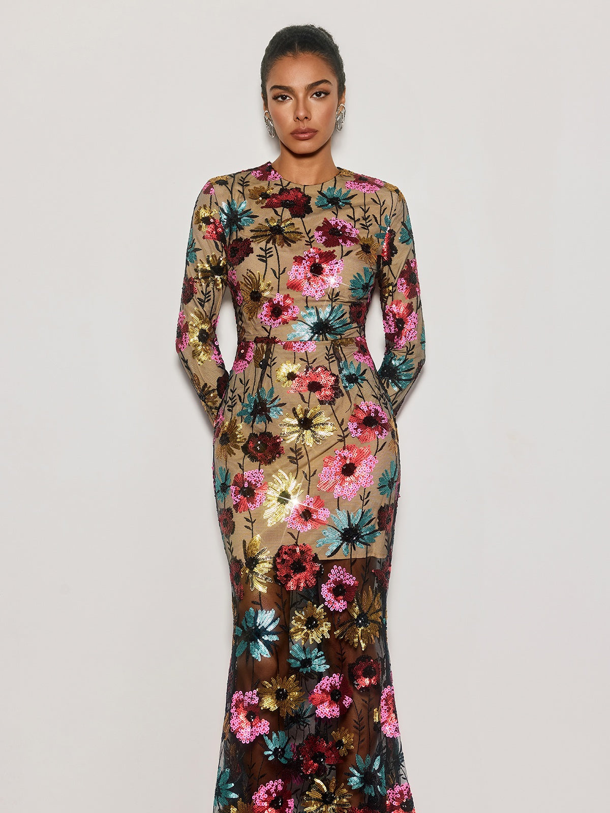 Cyndi Long Sleeve Floral Sequin Maxi Dress