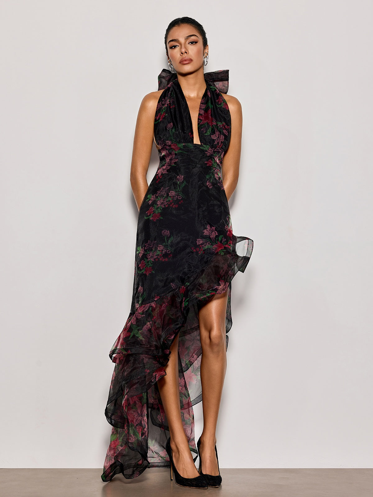 Cynna Halterneck Floral Ruffle Maxi Dress