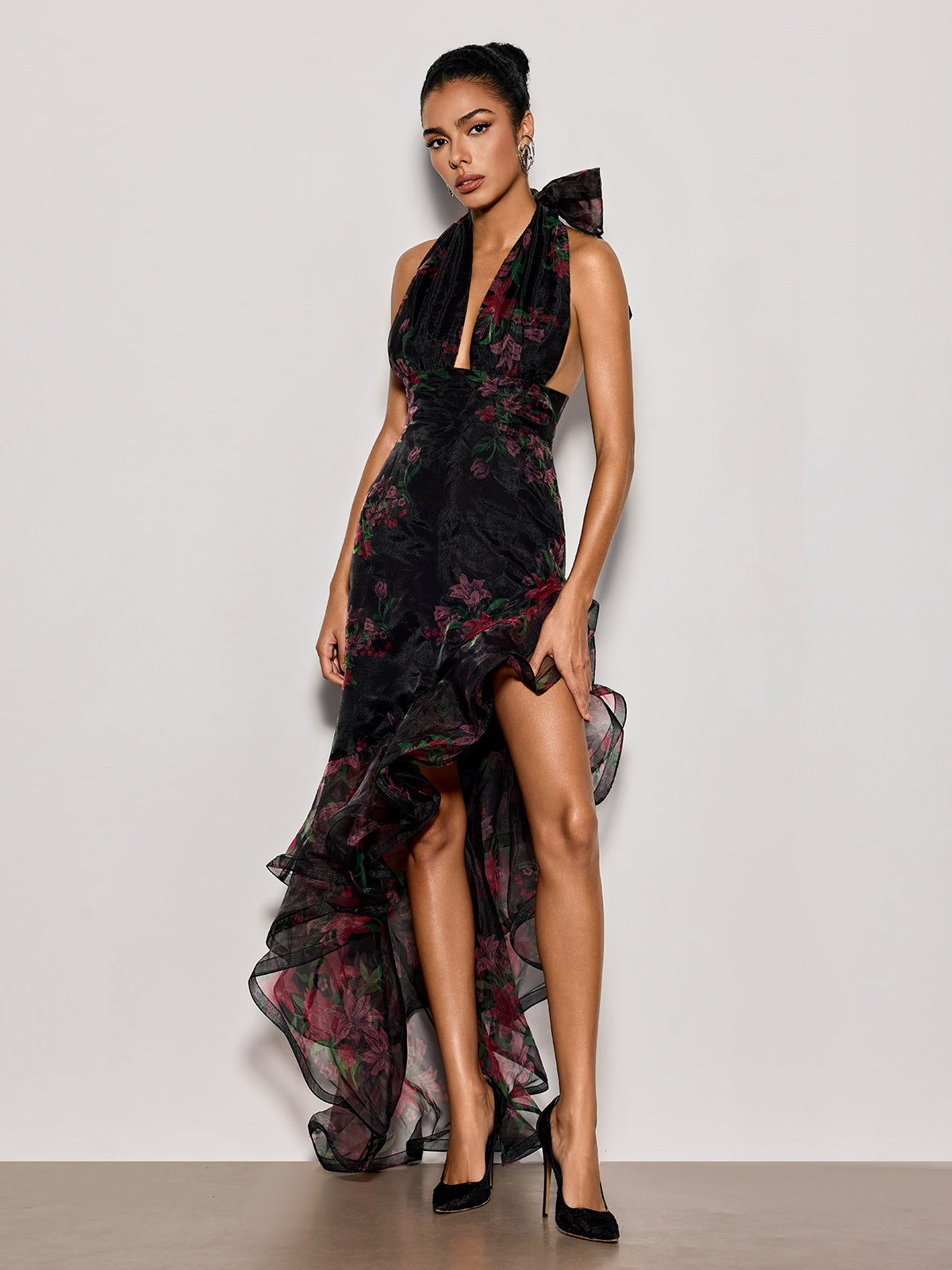 Cynna Halterneck Floral Ruffle Maxi Dress