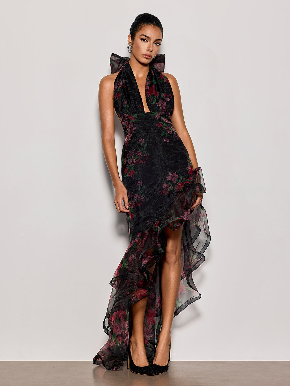 Cynna Halterneck Floral Ruffle Maxi Dress