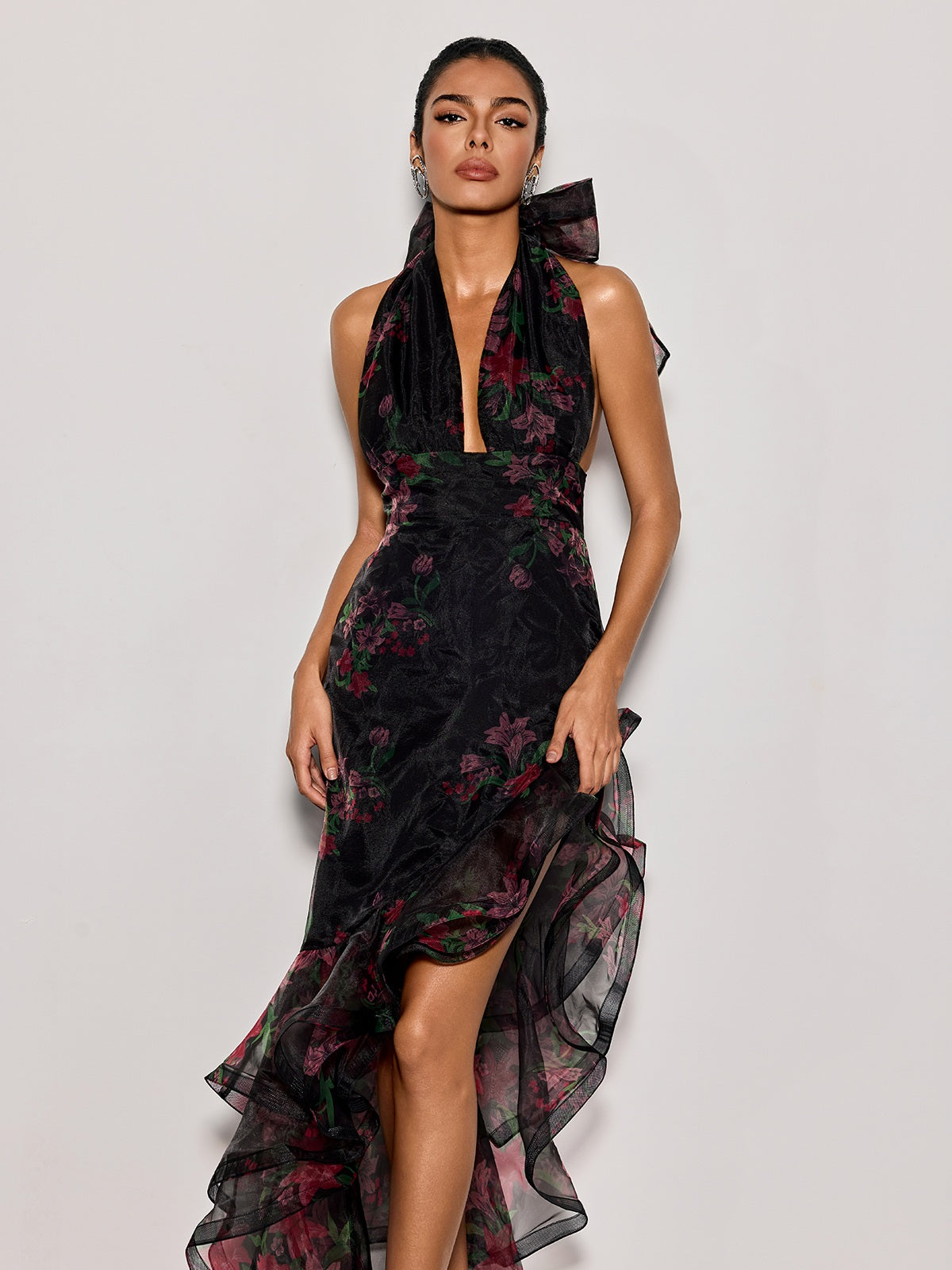 Cynna Halterneck Floral Ruffle Maxi Dress