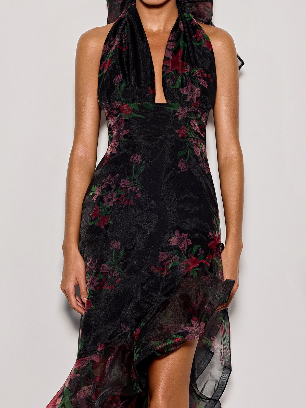 Cynna Halterneck Floral Ruffle Maxi Dress