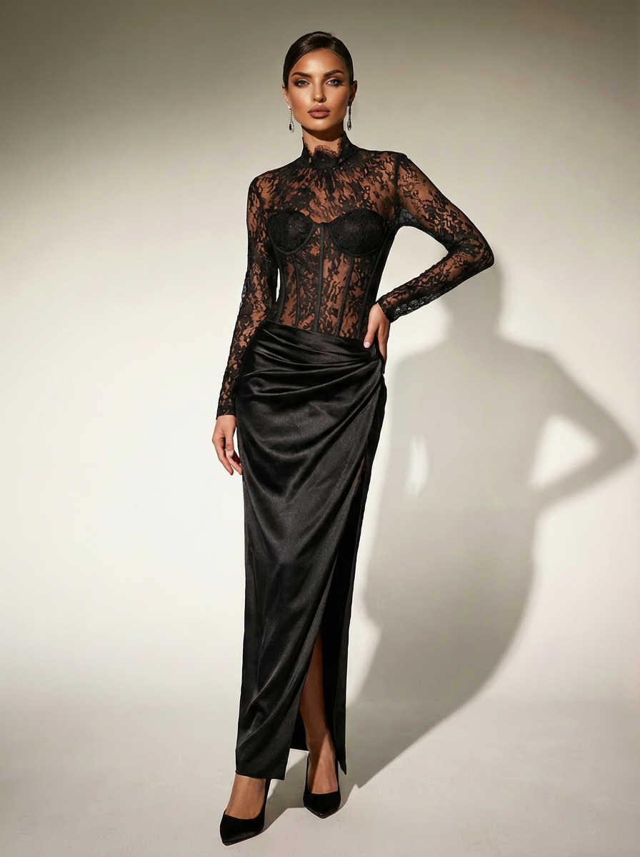Cynosure High Neck Lace Maxi Dress In Black
