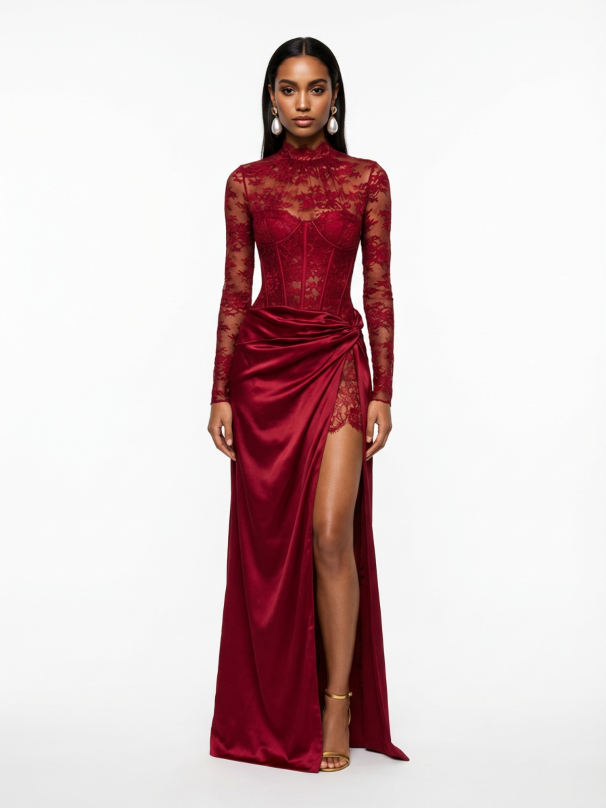Cynosure High Neck Lace Maxi Dress In Red
