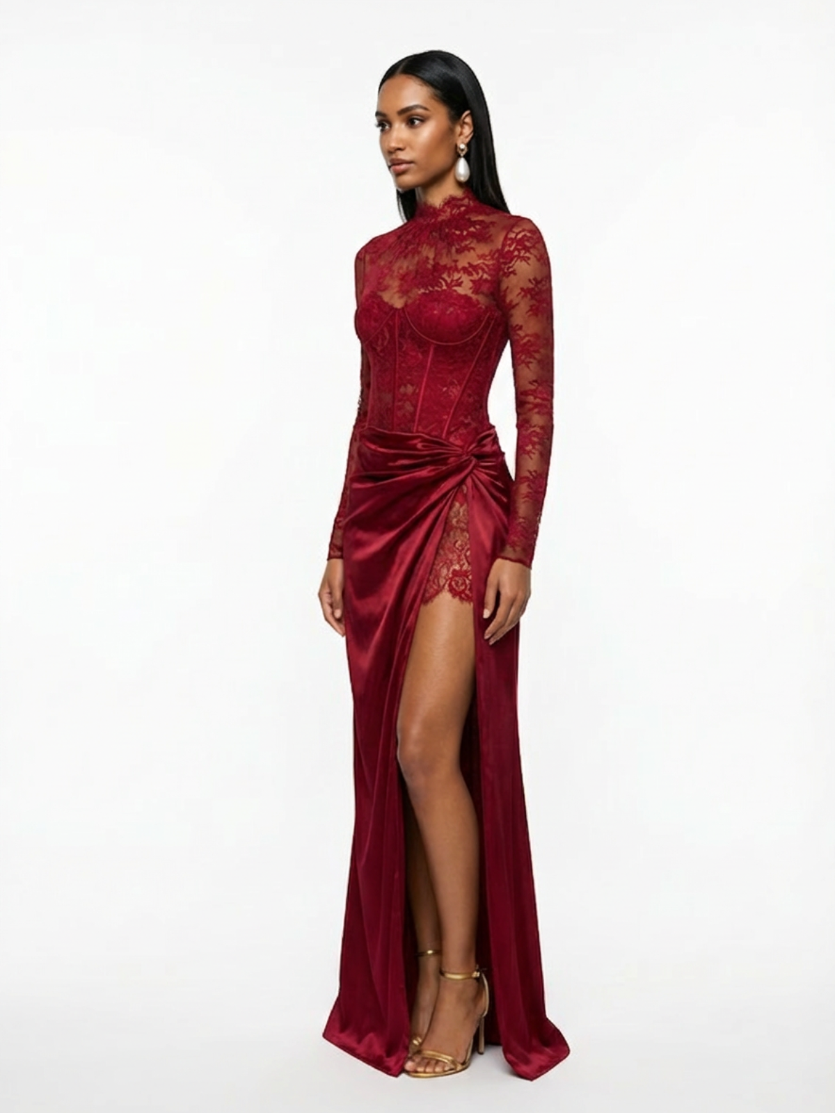 Cynosure High Neck Lace Maxi Dress In Red