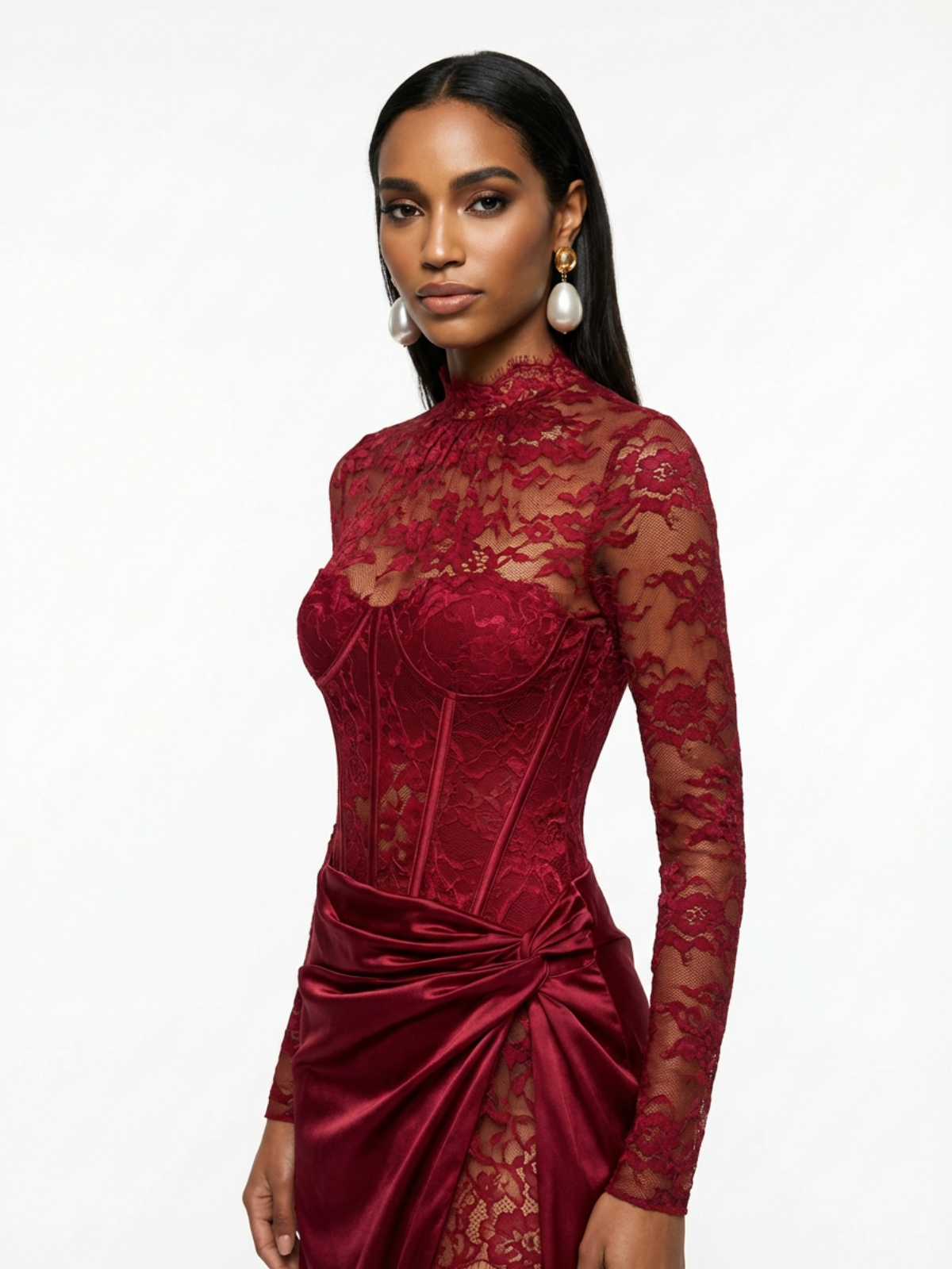 Cynosure High Neck Lace Maxi Dress In Red