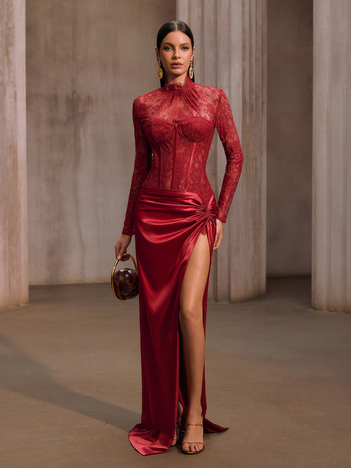 Cynosure High Neck Lace Maxi Dress In Red