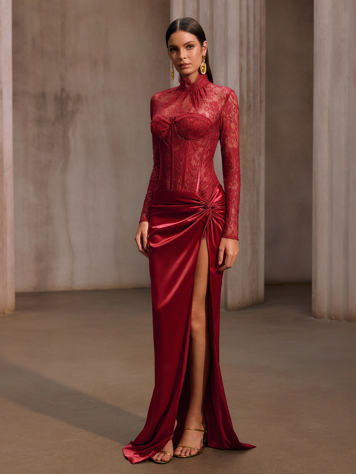 Cynosure High Neck Lace Maxi Dress In Red