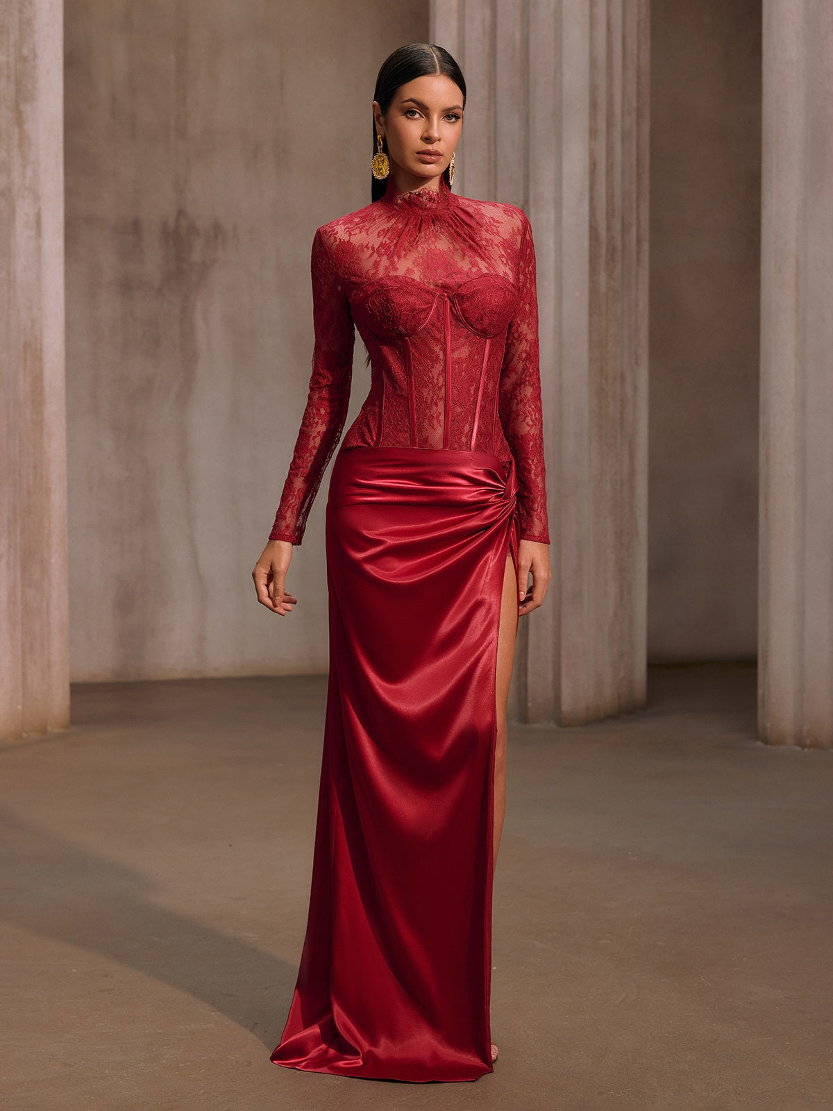 Cynosure High Neck Lace Maxi Dress In Red