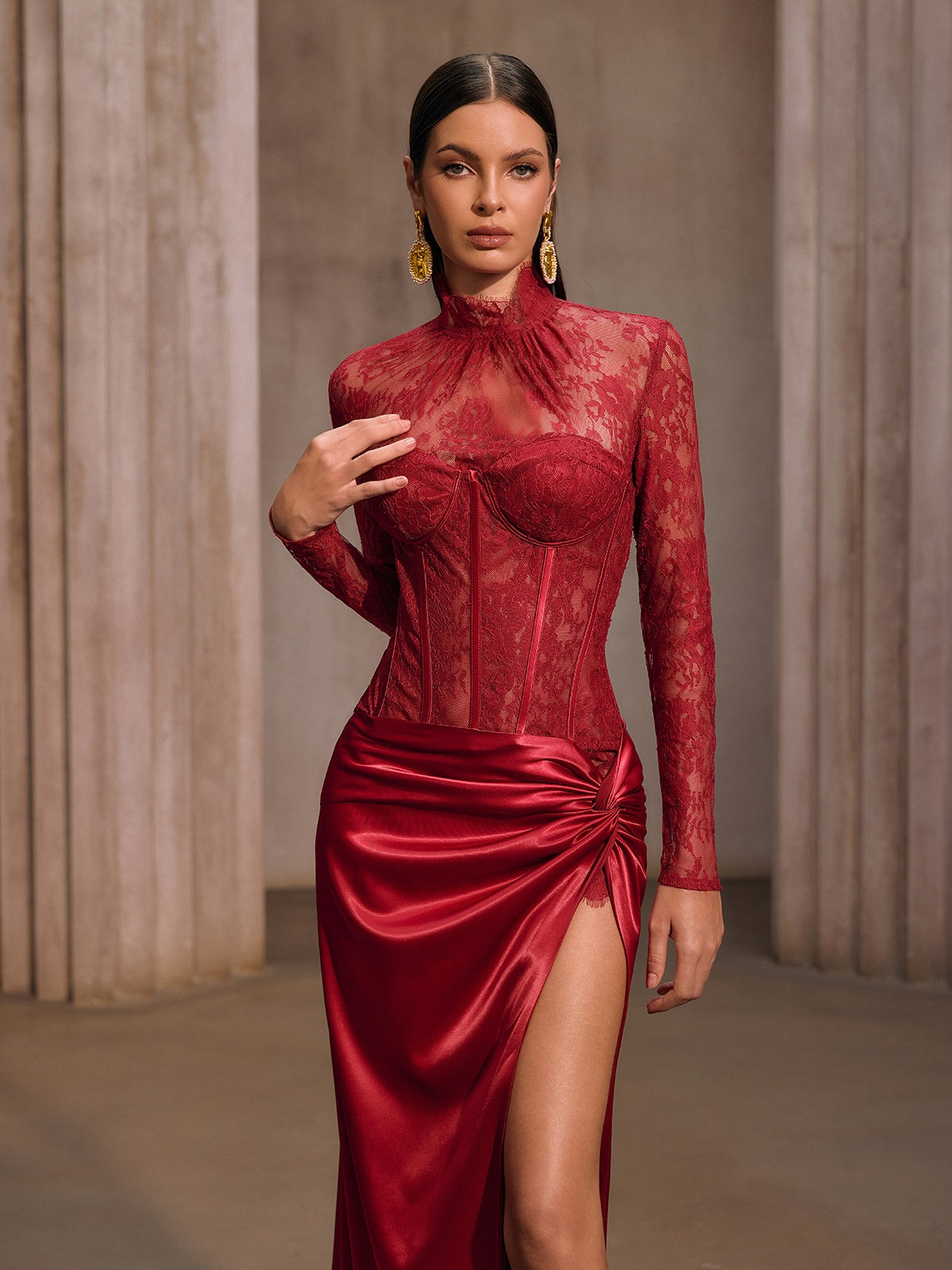 Cynosure High Neck Lace Maxi Dress In Red