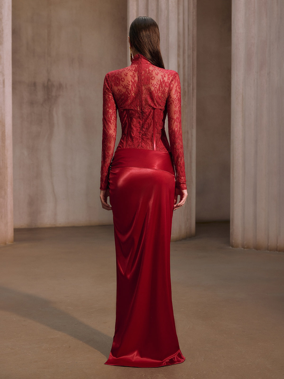 Cynosure High Neck Lace Maxi Dress In Red