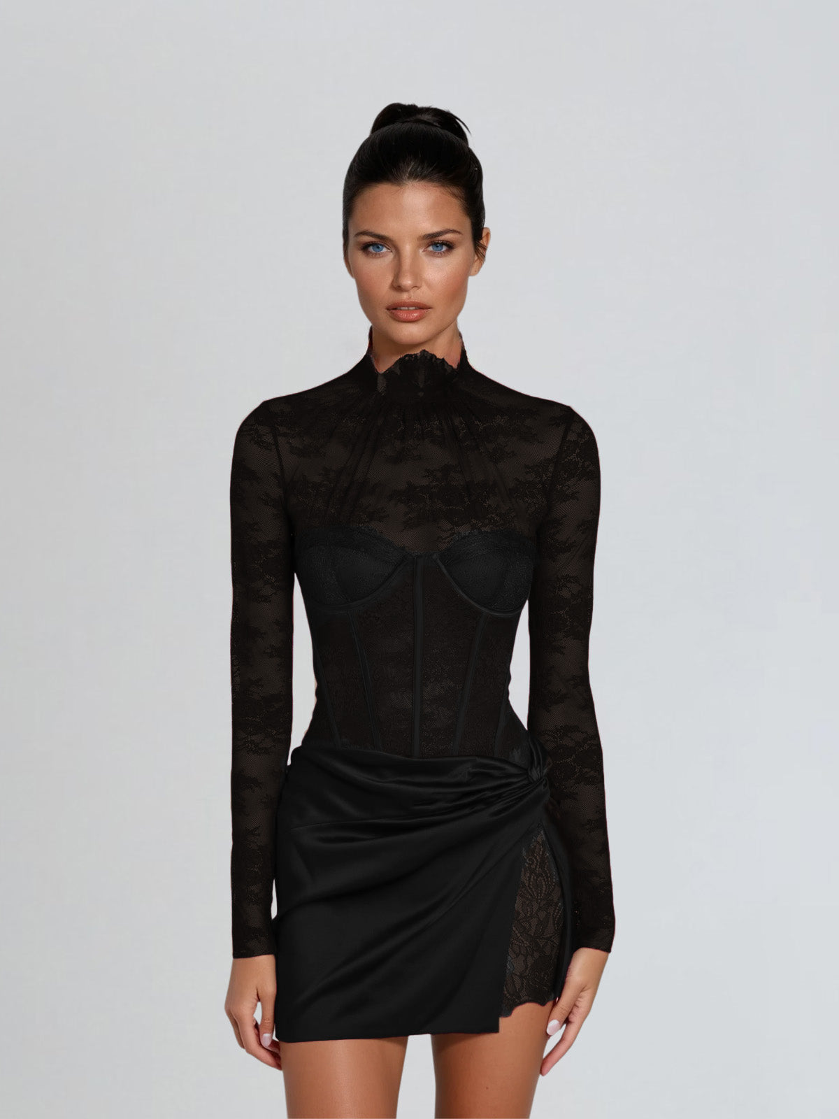 Cynosure Stand Collar Lace Dress In Black