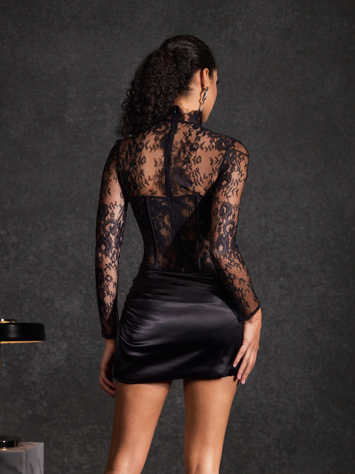 Cynosure Stand Collar Lace Dress In Black