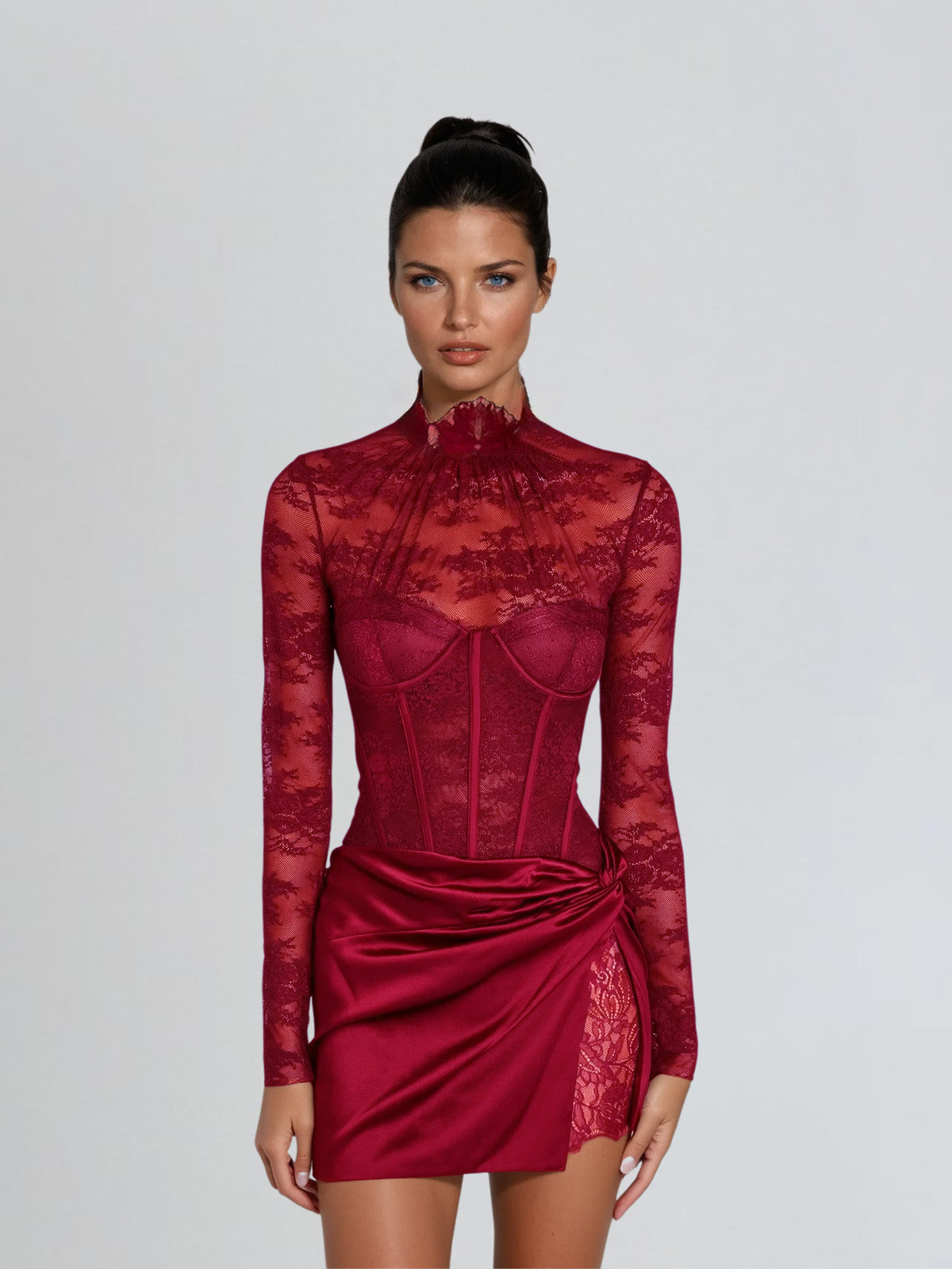 Cynosure Stand Collar Lace Dress In Red