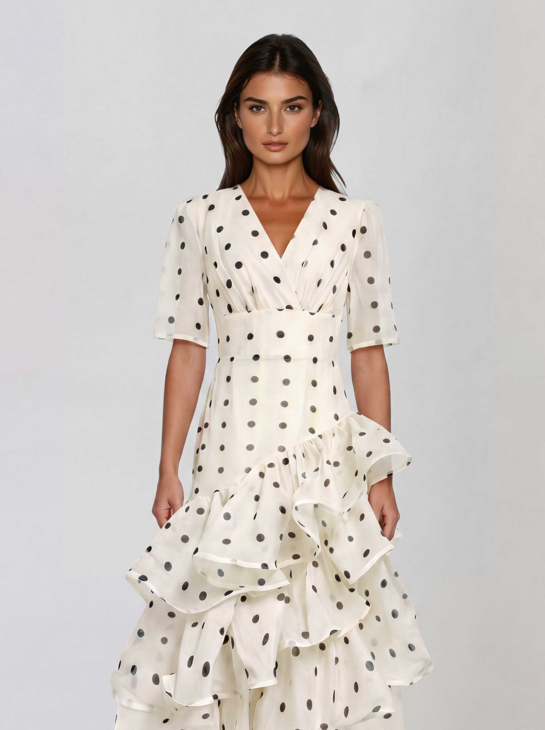 Cynthorix V Neck Dot Ruffle Maxi Dress