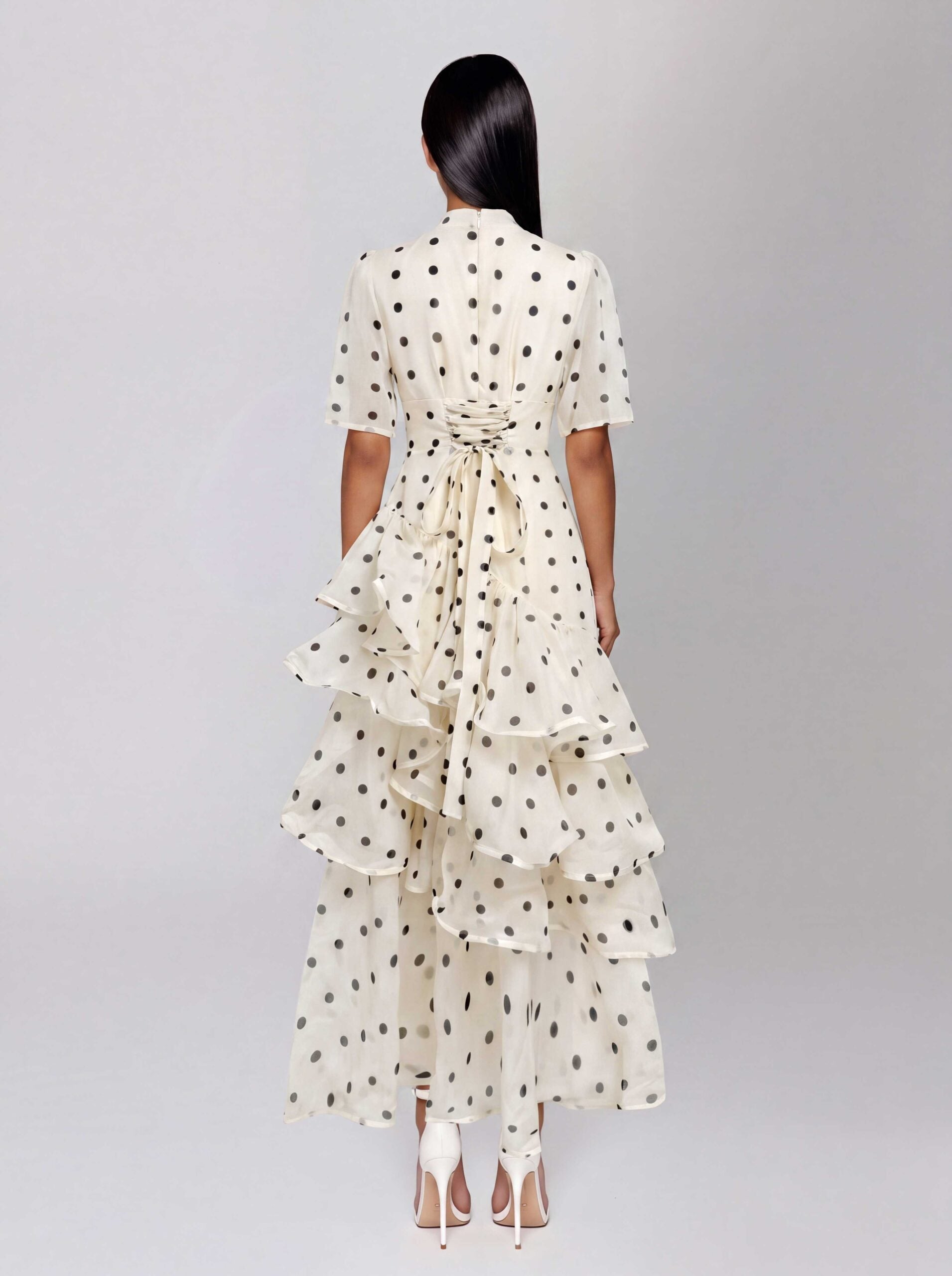Cynthorix V Neck Dot Ruffle Maxi Dress
