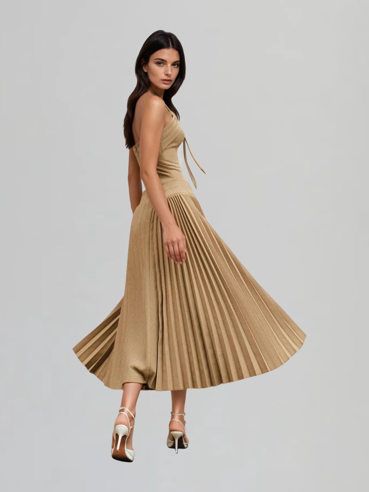 Cyrene Halterneck Tie Pleated Midi Dress