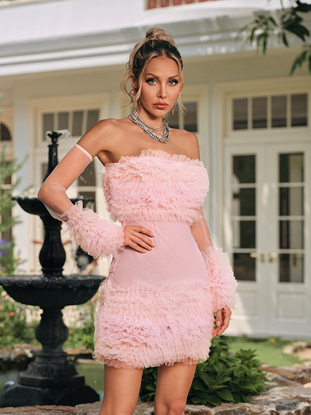 Cyrthia Strapless Ruched Mesh Mini Dress