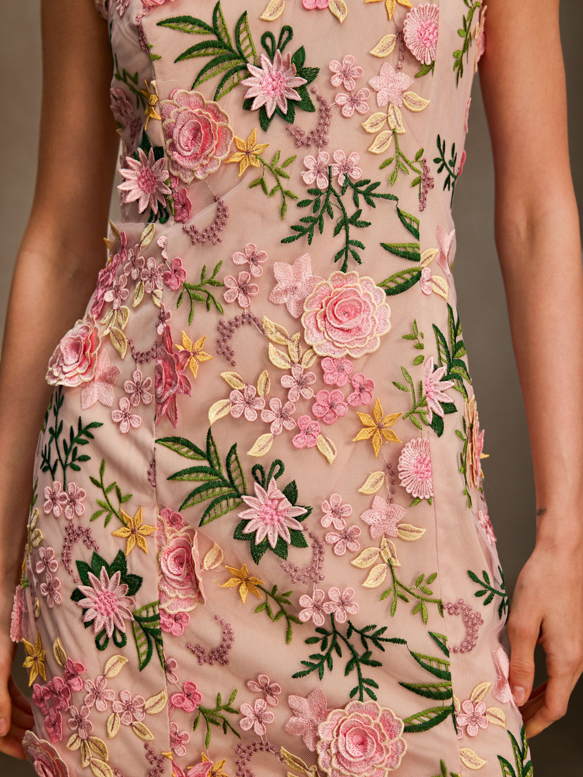 Cyrthis Spaghetti Flower Embroidered Mini Dress