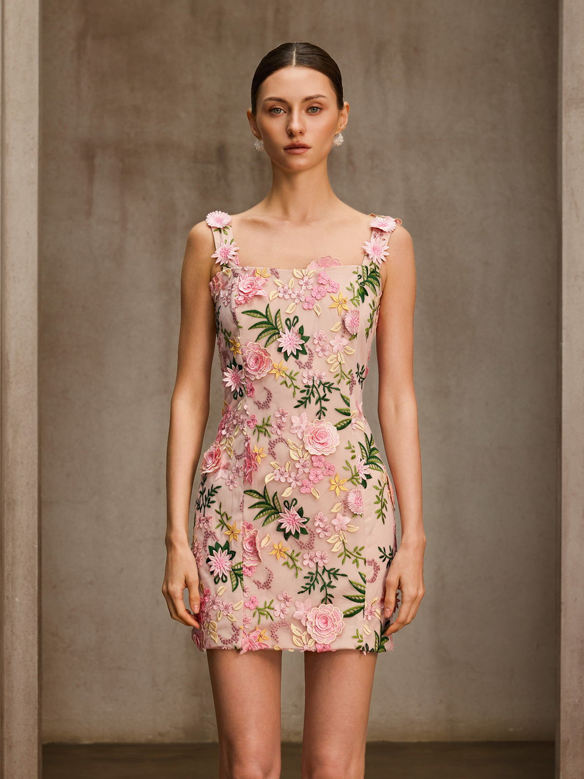 Cyrthis Spaghetti Flower Embroidered Mini Dress