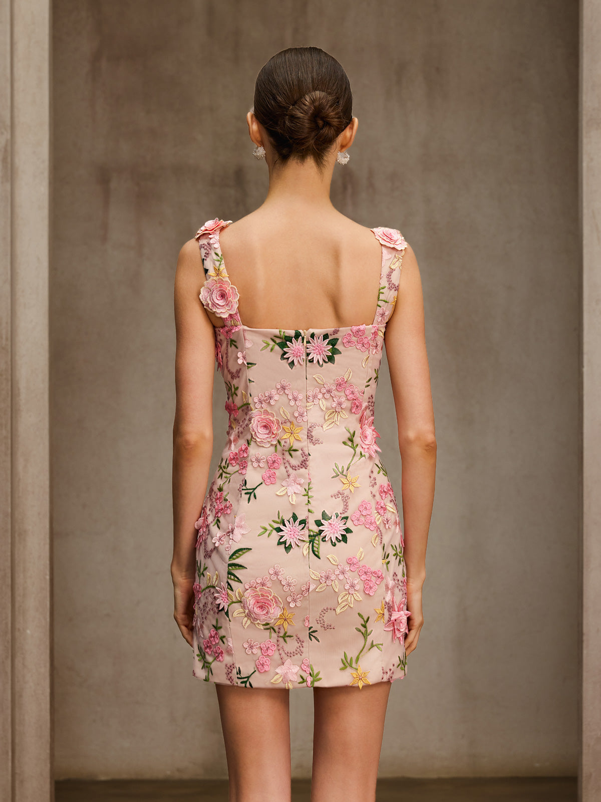 Cyrthis Spaghetti Flower Embroidered Mini Dress