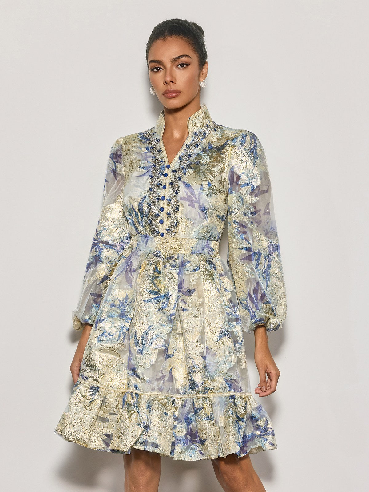 Czarina Balloon Sleeve Crystal Midi Dress