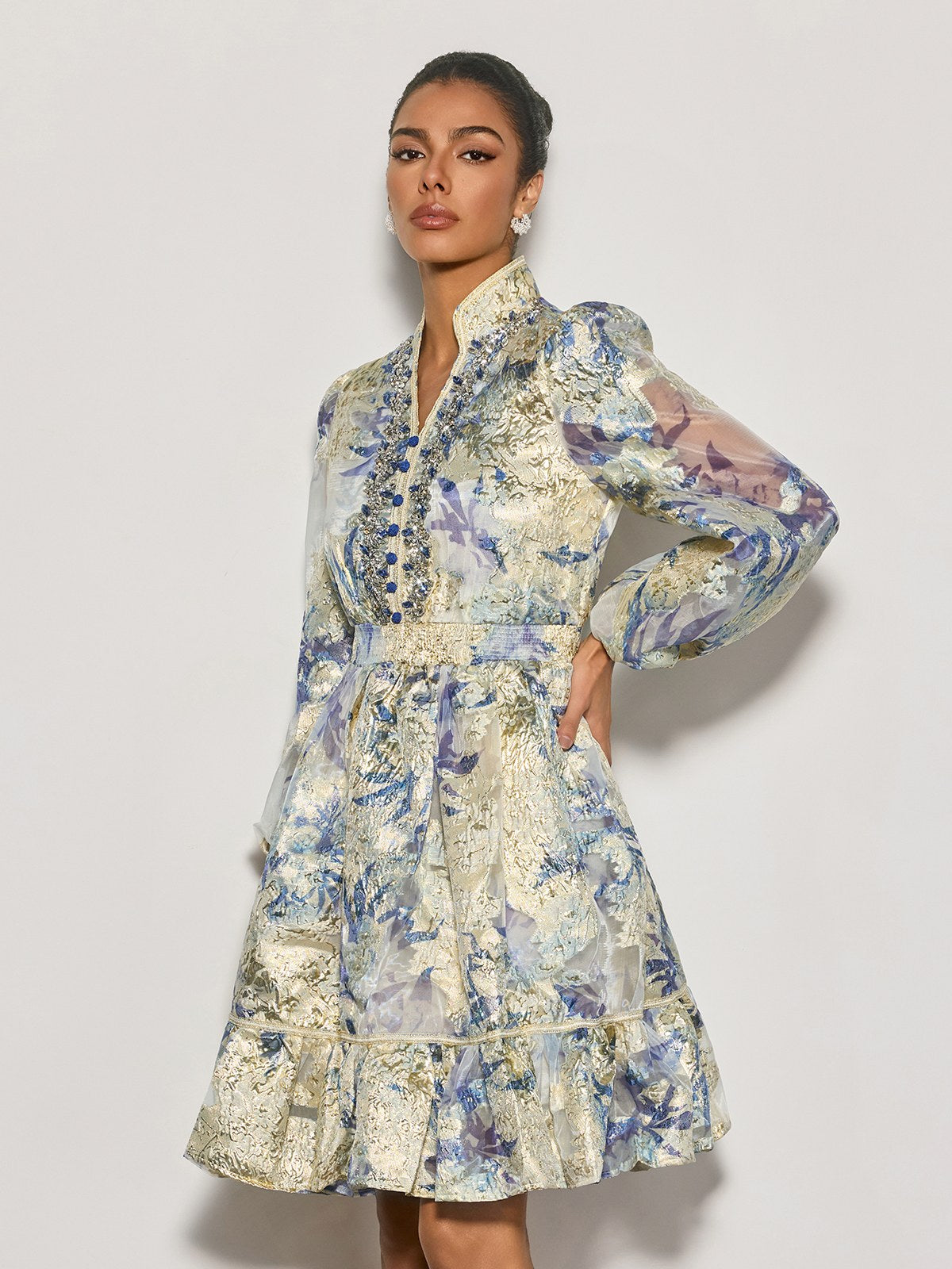 Czarina Balloon Sleeve Crystal Midi Dress