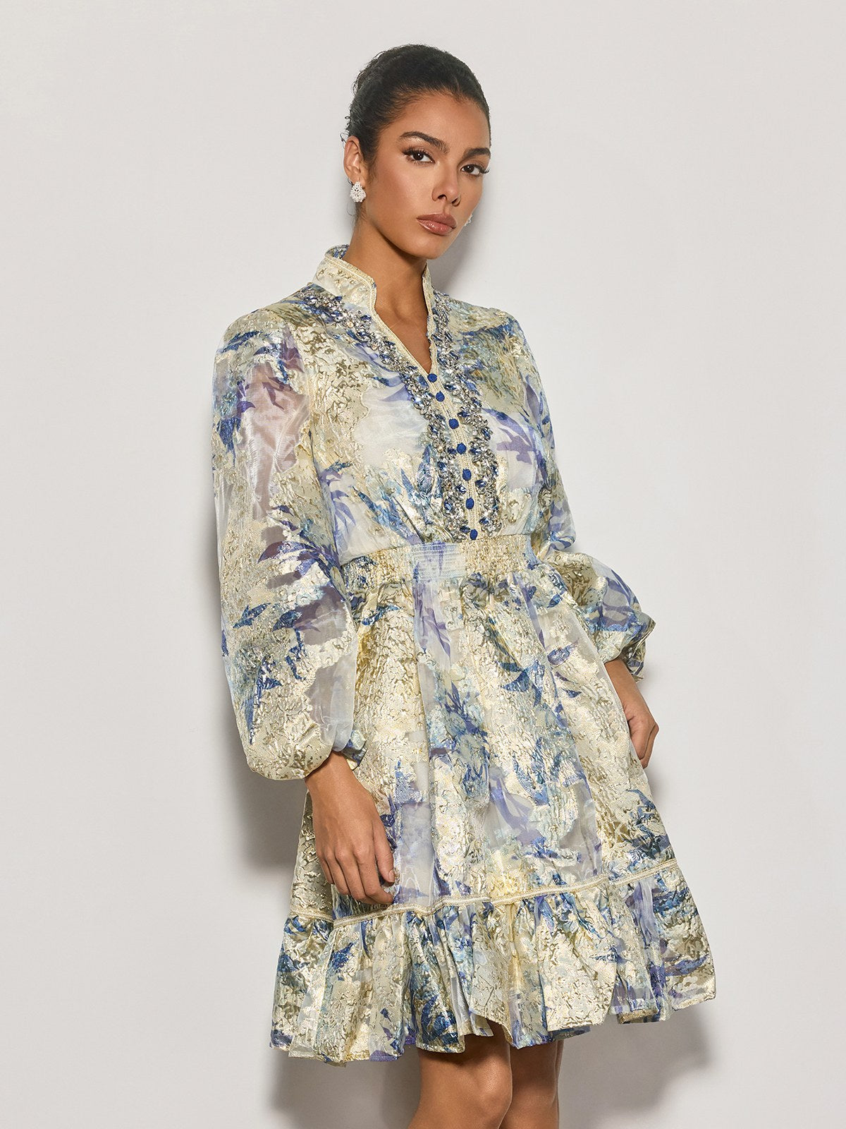 Czarina Balloon Sleeve Crystal Midi Dress