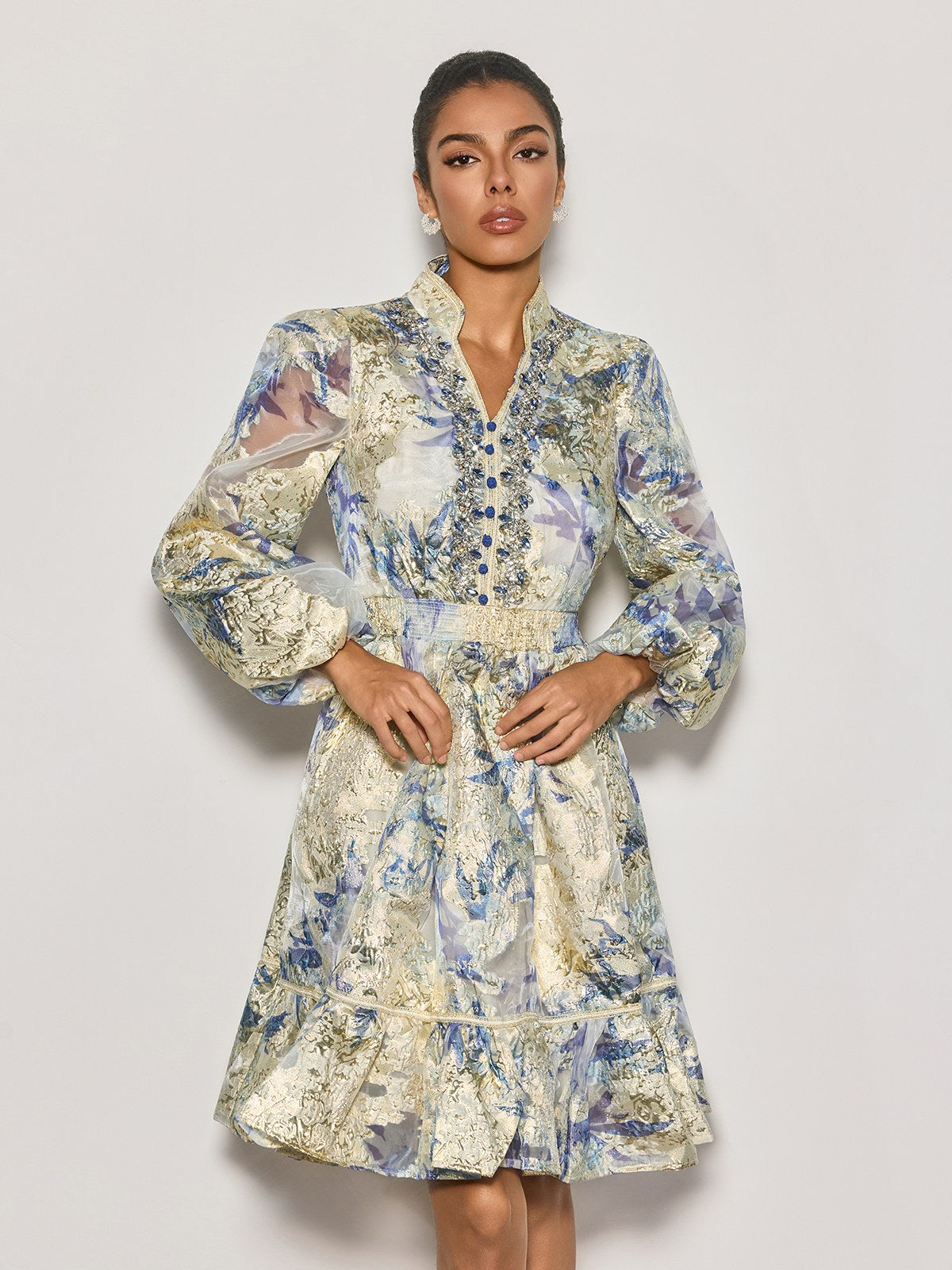 Czarina Balloon Sleeve Crystal Midi Dress