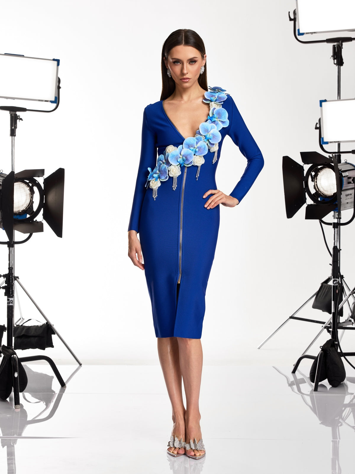 Dacey V Neck Flower Bandage Midi Dress