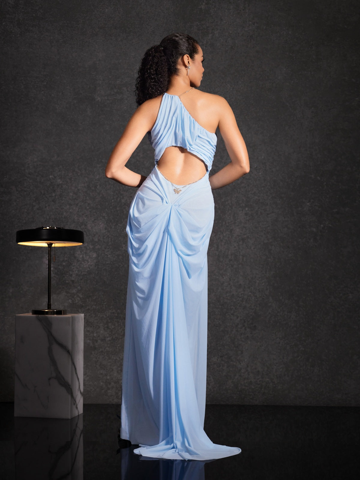 Daiki Halterneck Ruched Maxi Dress In Baby Blue