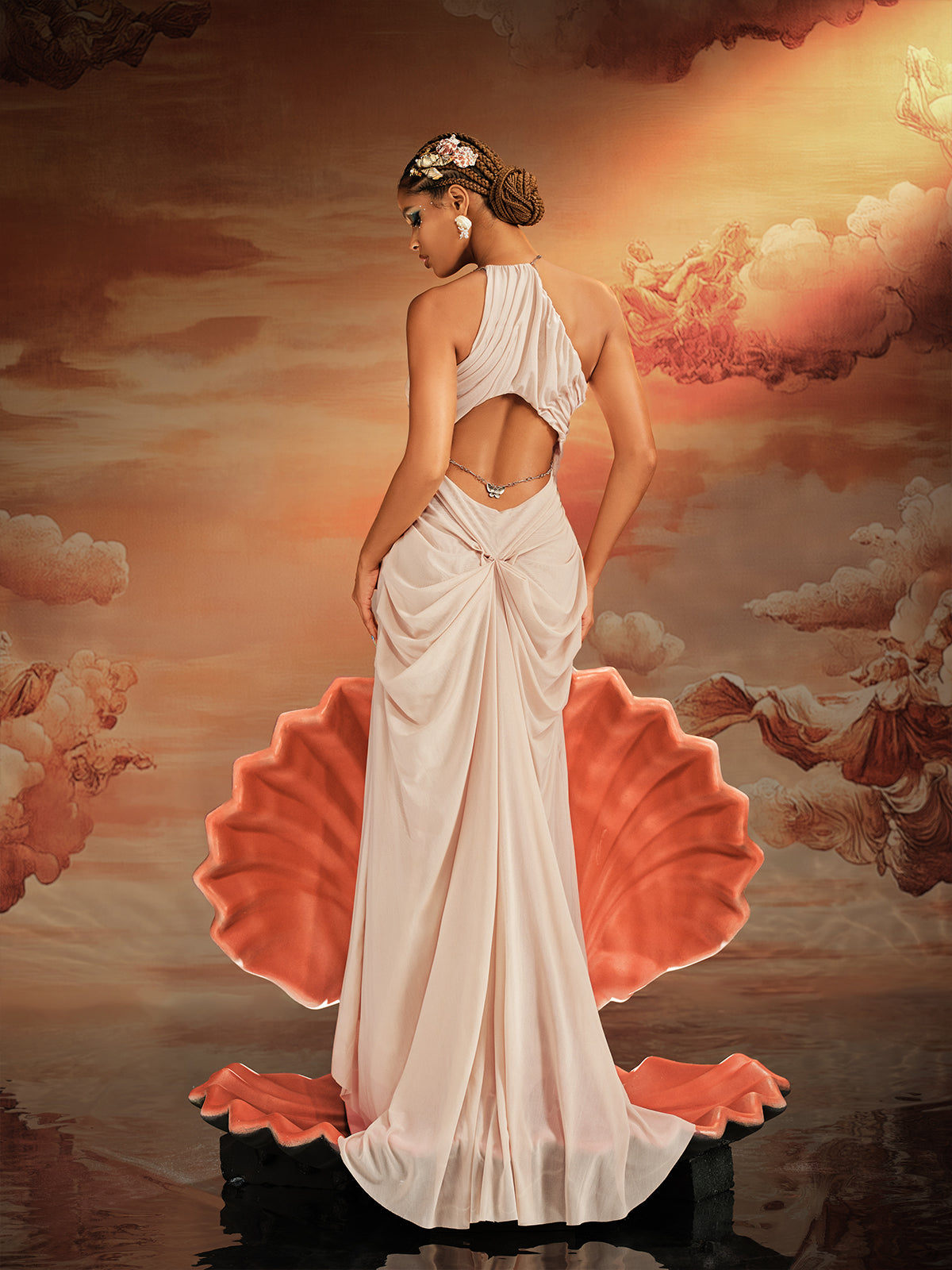 Daiki Halterneck Ruched Maxi Dress In Champagne