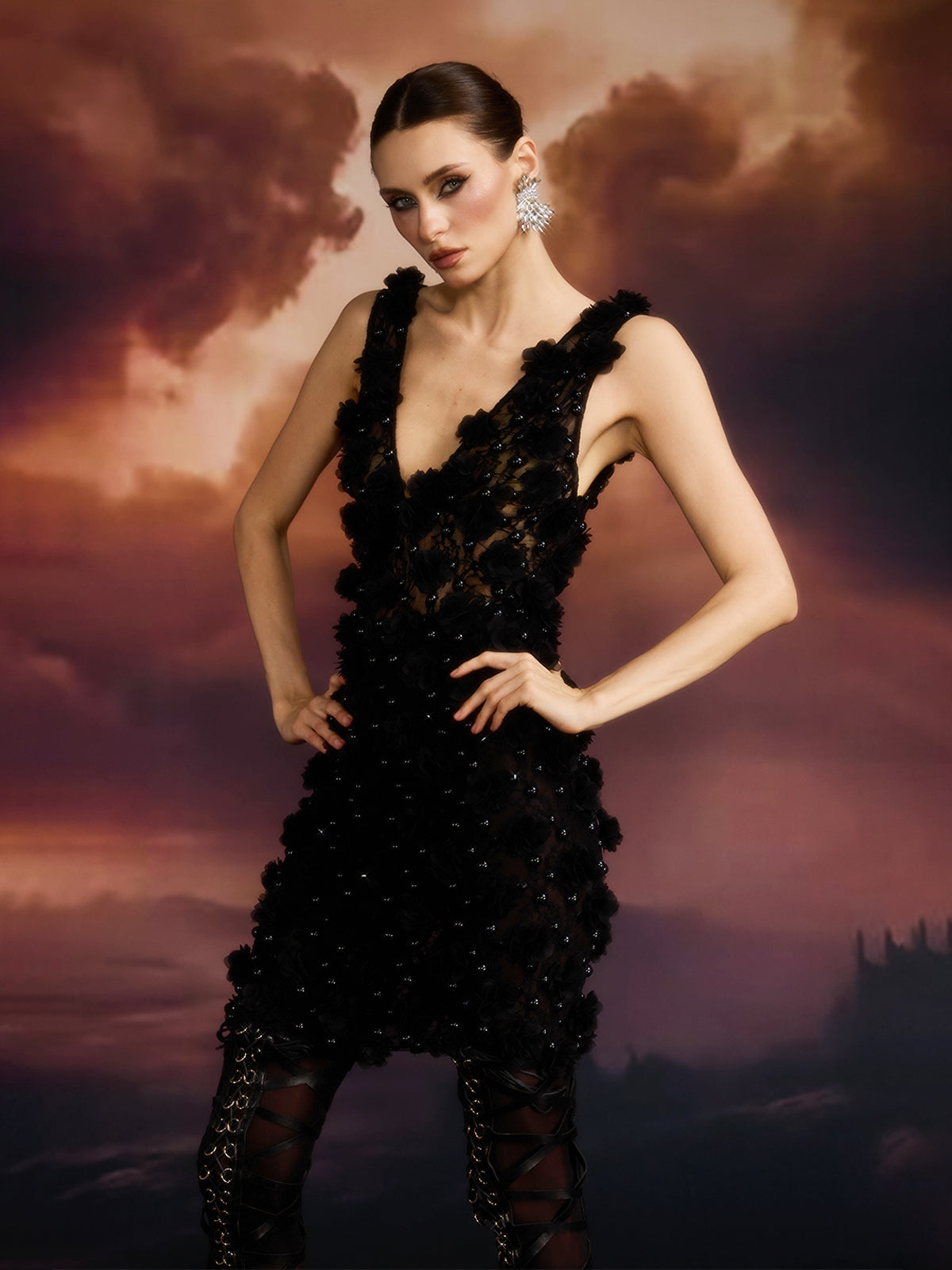 Dalal Sleeveless Flower Pearl Mini Dress In Black