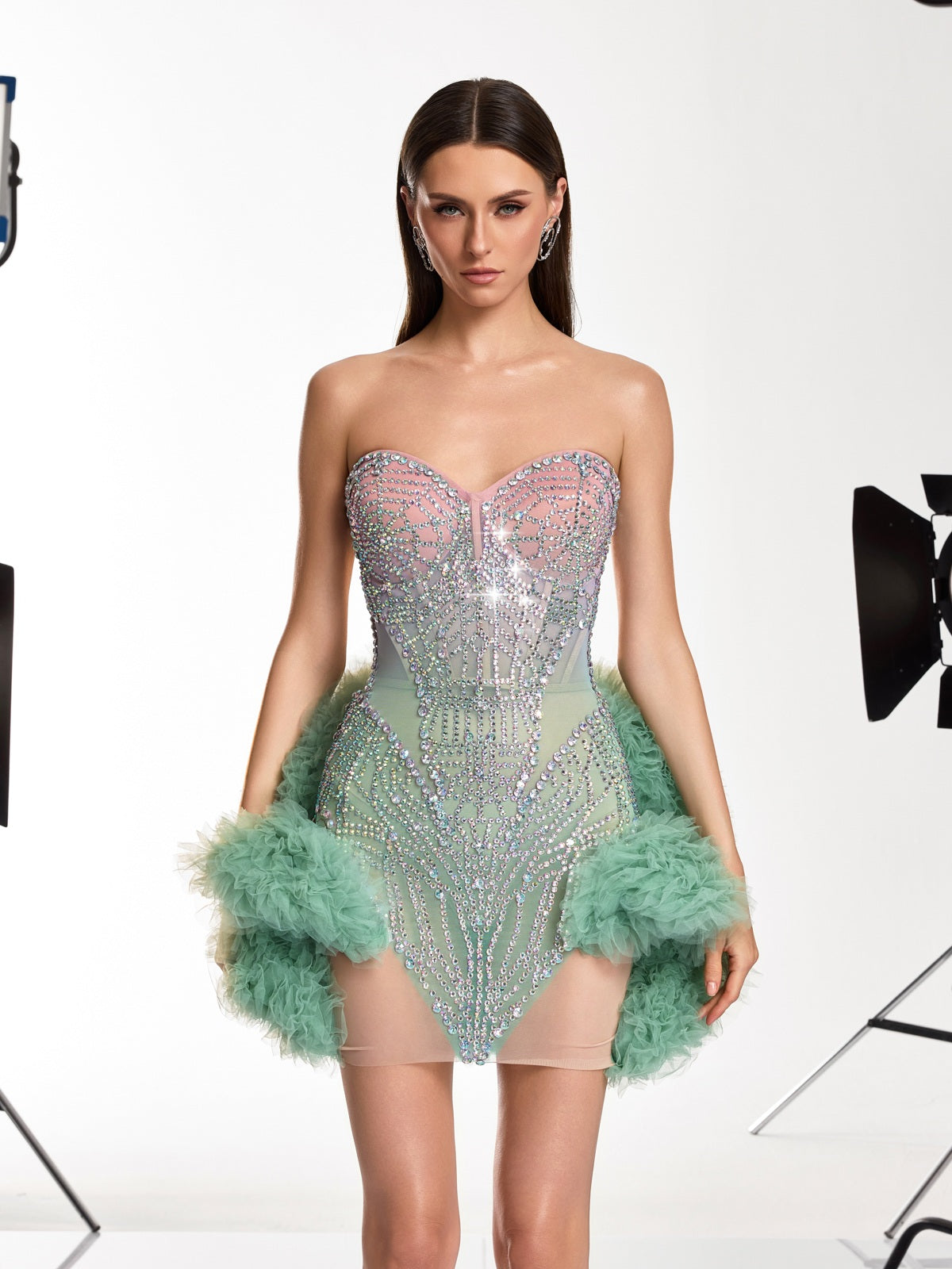 Dalinda Tulle Trimmed Crystal Mesh Dress