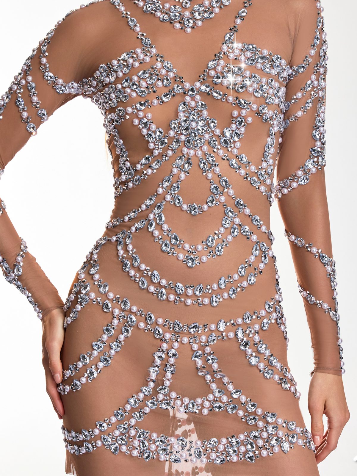 Dallin Long Sleeve Pearl Crystal Mesh Dress