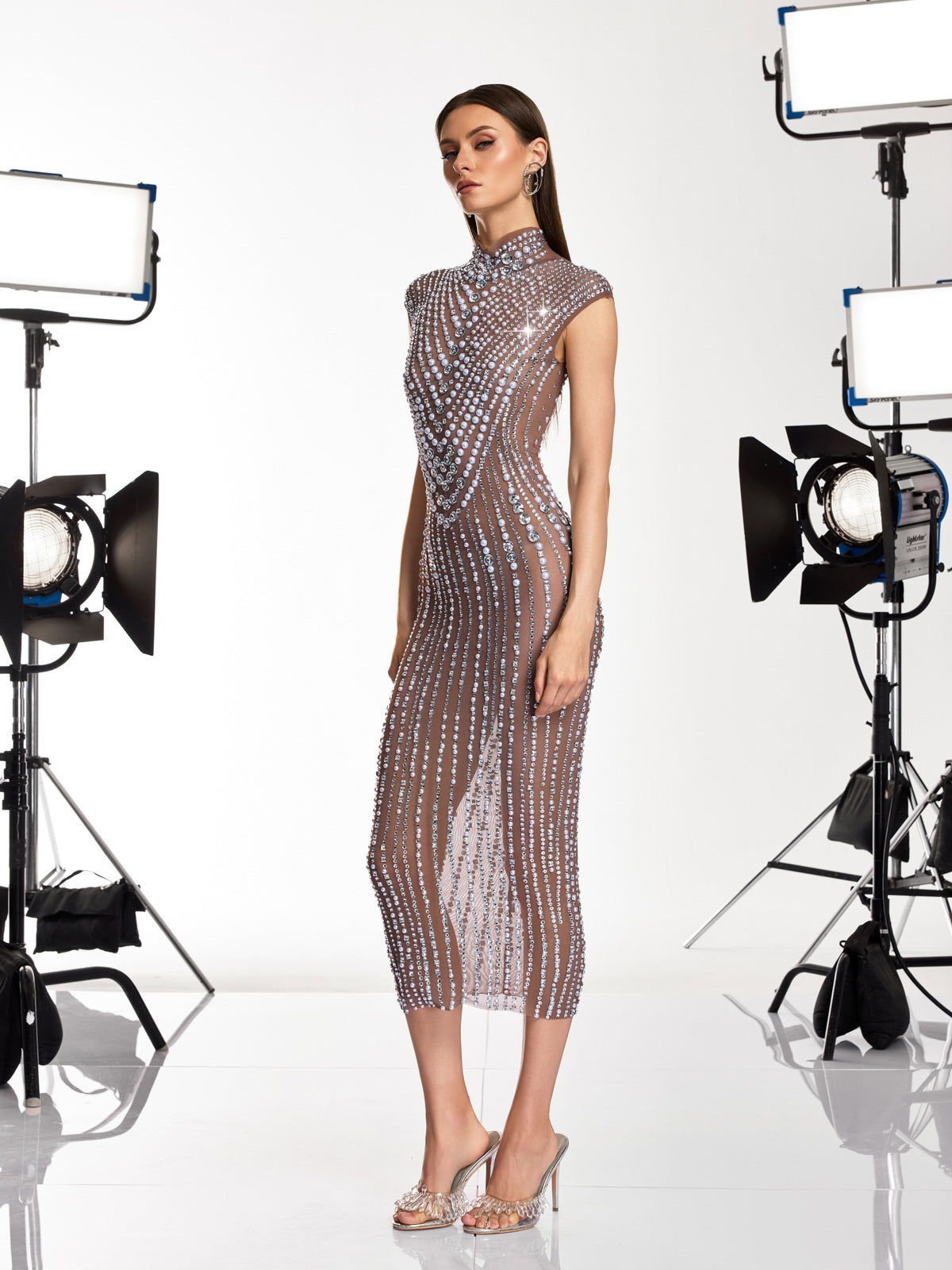 Dallyce High Neck Crystal Pearl Mesh Dress