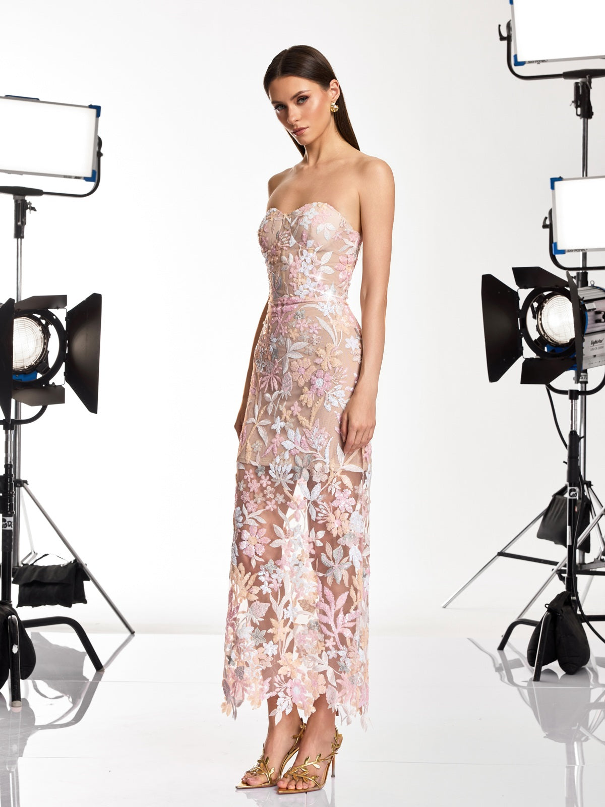 Dalya Strapless Floral Embroidered Sequin Dress