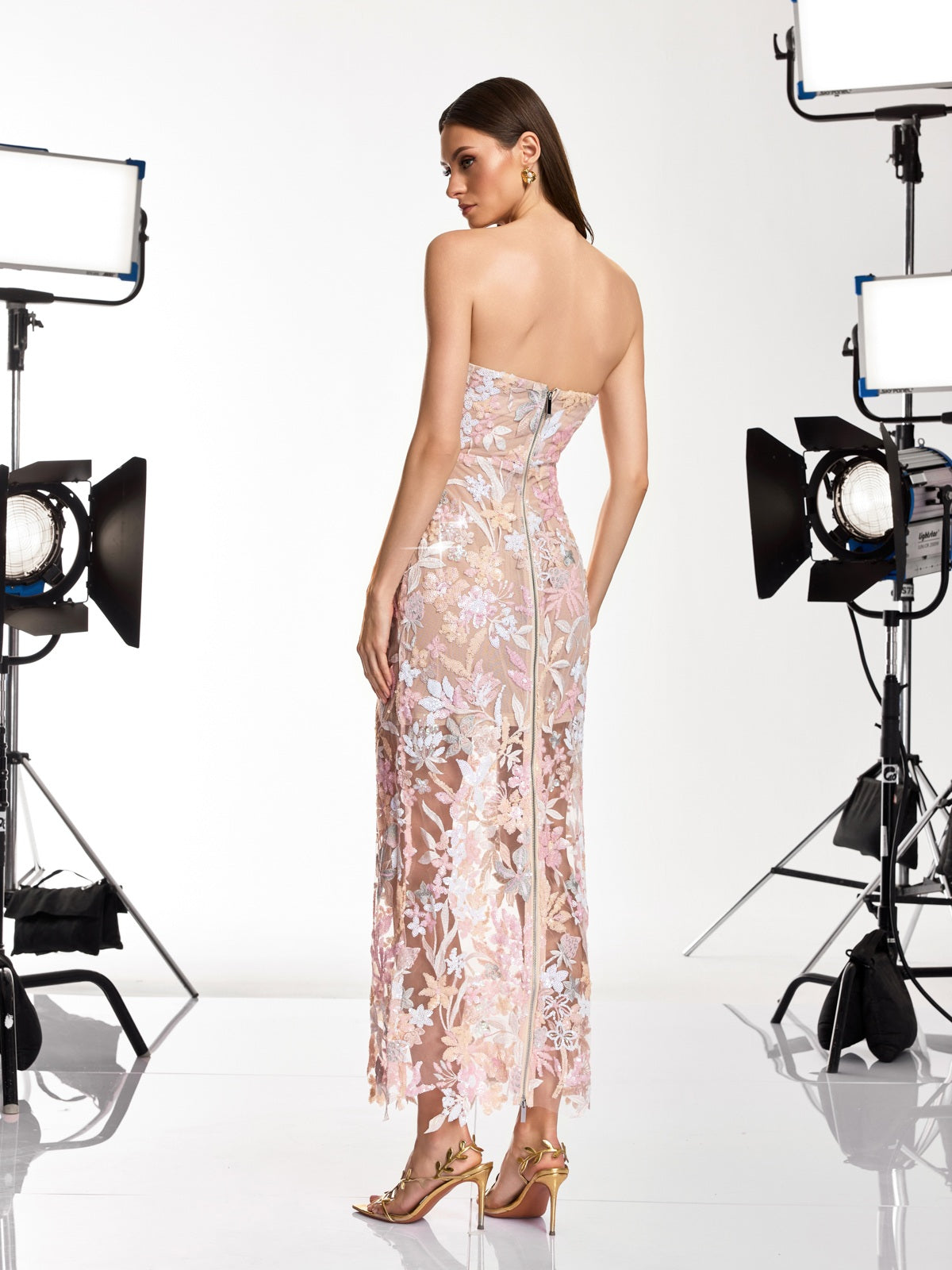 Dalya Strapless Floral Embroidered Sequin Dress