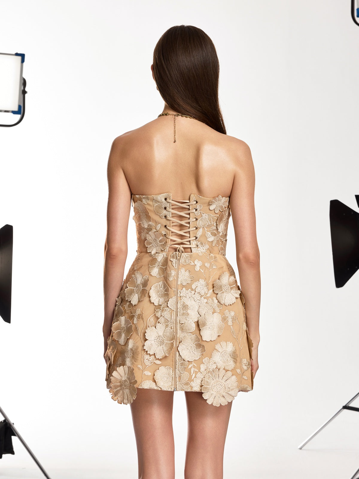 Danielle Strapless Flower Embroidered Mini Dress In Beige