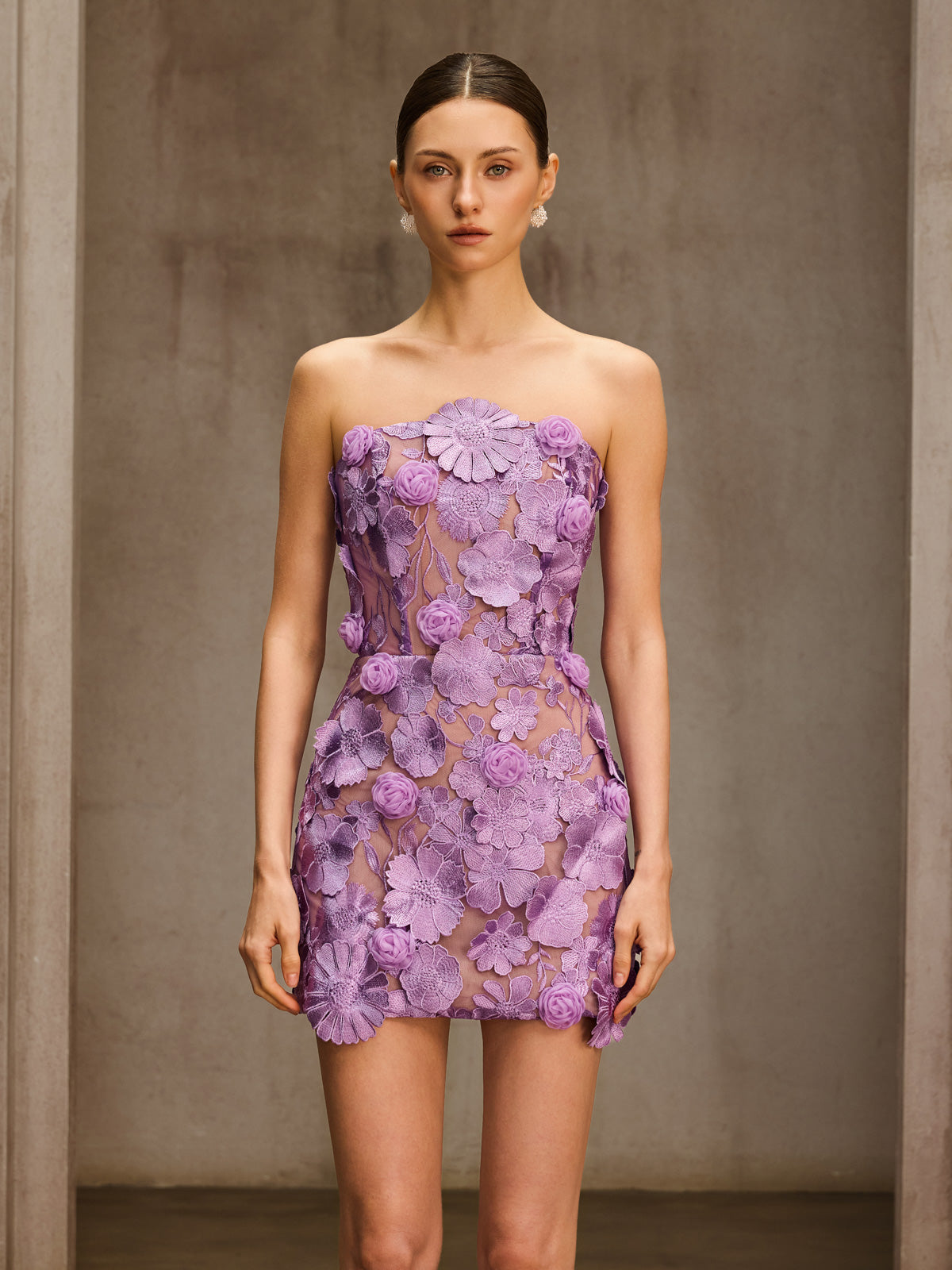 Danielle Strapless Flower Embroidered Mini Dress In Purple