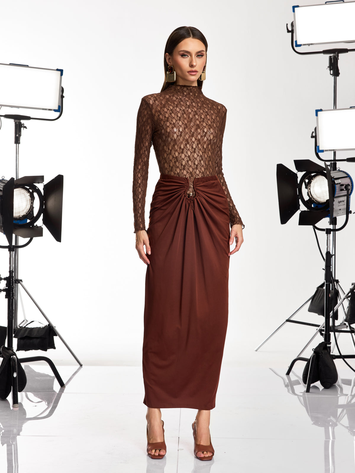 Darcila Long Sleeve Lace Ruched Skirt Set